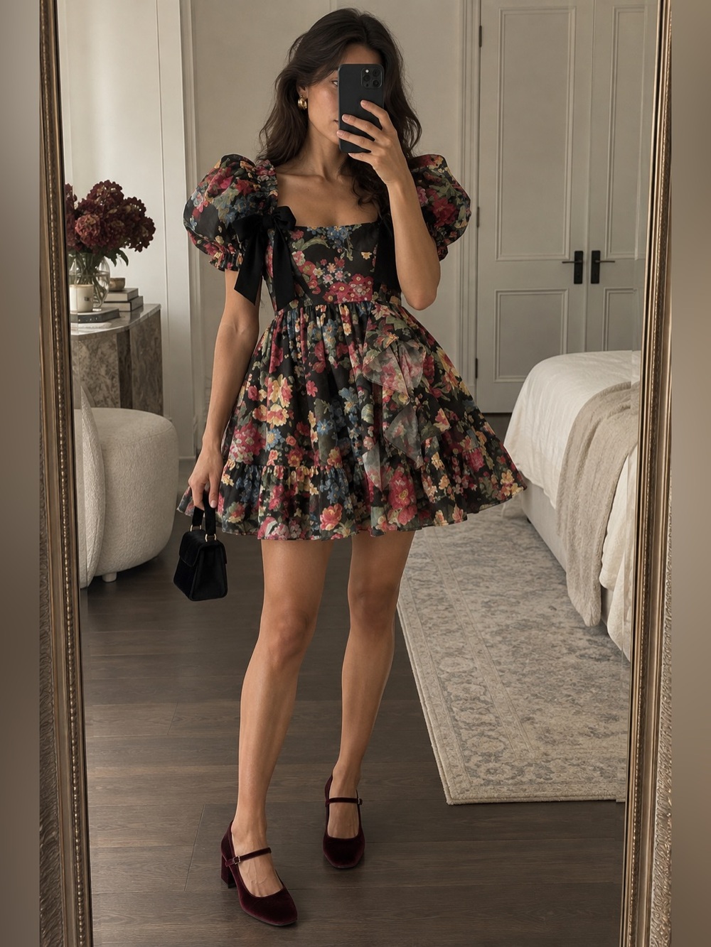 Selkie The Puck Buttercream Floral Puff Sleeve Mini Dress XS NWT